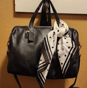 Coach Black Leather Satchel with Black-and-White Polka Dot Scarf